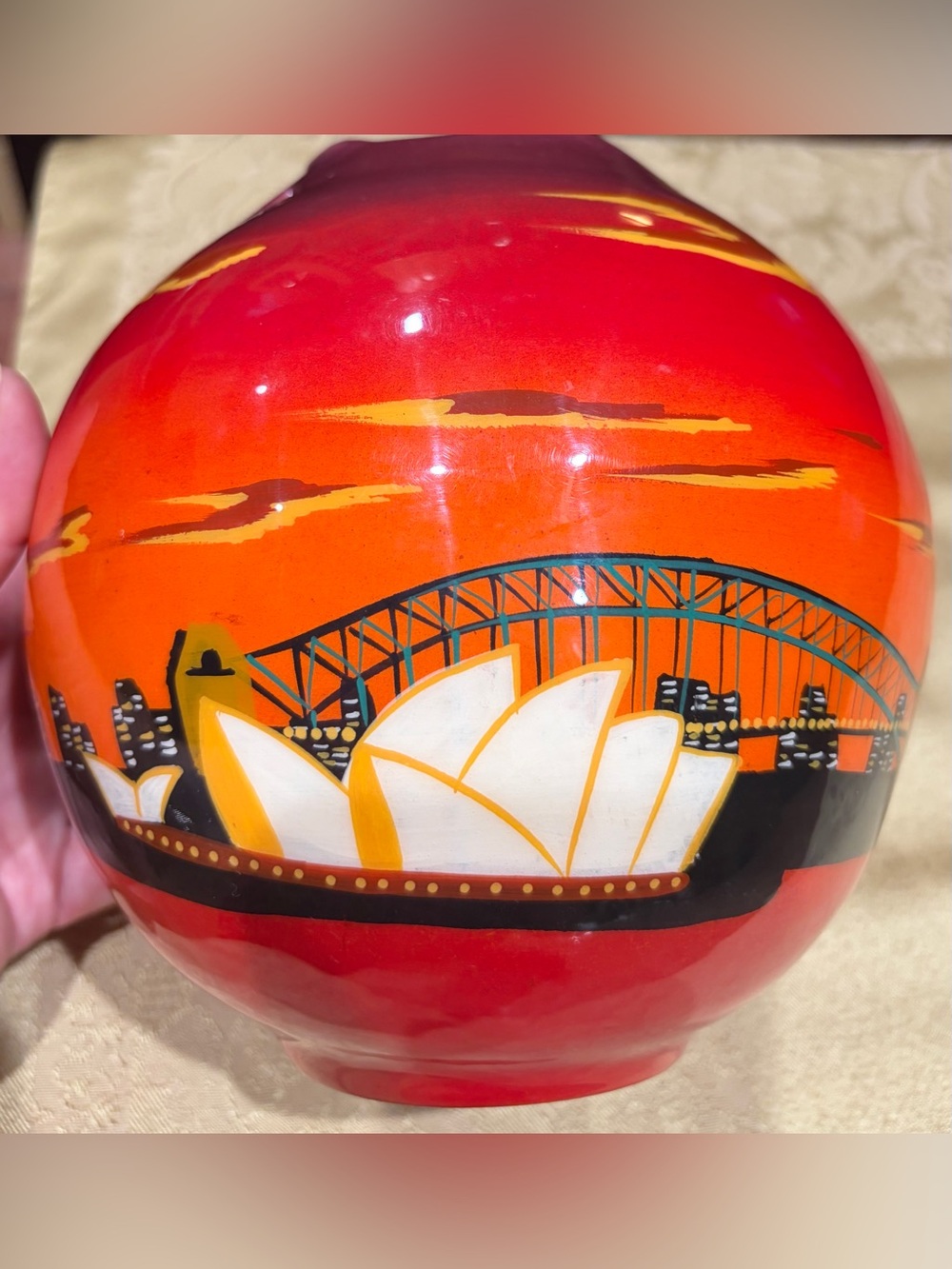 Red & Orange Ceramic Vase with Sydney Opera House Motif